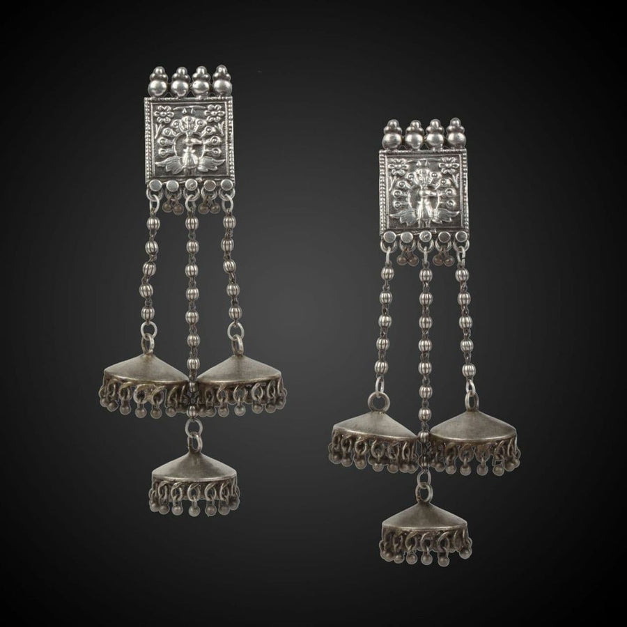 ‘Adya’ Peacock Embossed Hanging Jhumka Earrings